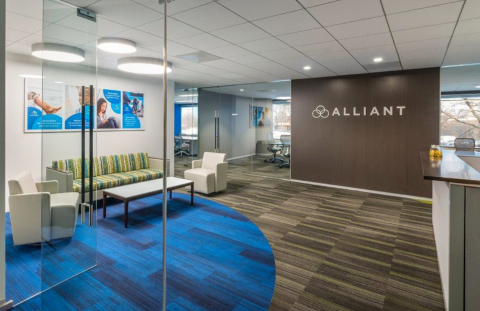 An interior look at the lobby of Alliant Credit Union's Corporate Headquarters