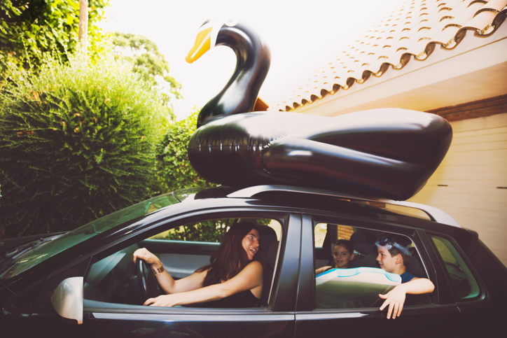Mother drives her two young sons to the beach with jumbo sized inflatable swan on vehicle's roof, purchased with interest from a jumbo certificate / jumbo CD. 