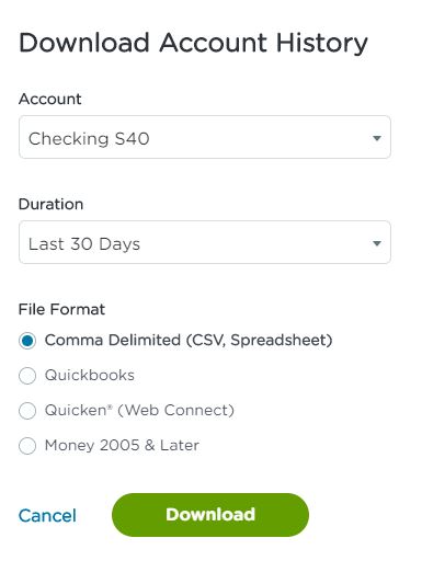 Alliant transaction download options: CSV, Quickbooks, Quicken & Money