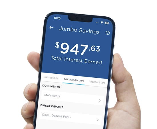Alliant mobile app showing a Jumbo Savings account screen